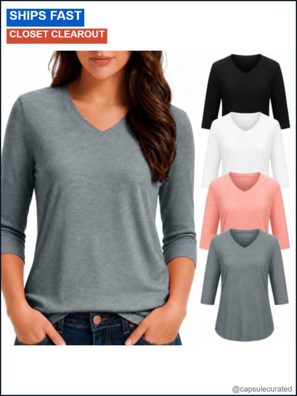 4 Pack 3/4 Sleeve V-Neck Tops for Women Plus Size Loose Fit Stretch